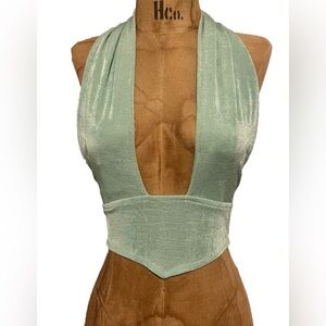 Princess Polly Mint Green Sparkly Cross Neck Crop Top EUC